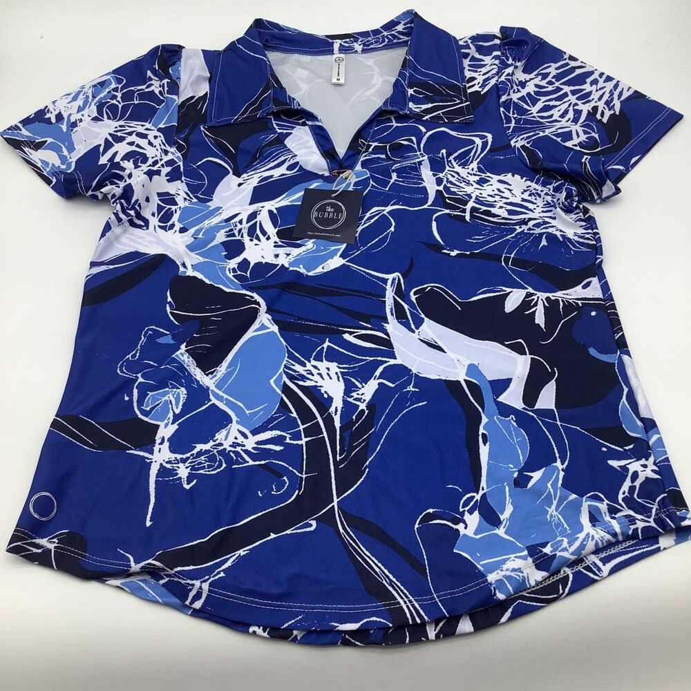 The Bubble Womens Birdie Polo Golf Tennis‎ Top Blue Floral Size Medium NWT
